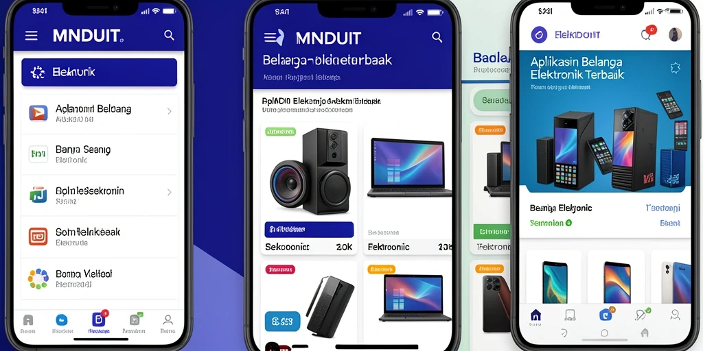 Tampilan utama aplikasi MNDUIT menampilkan berbagai produk elektronik.